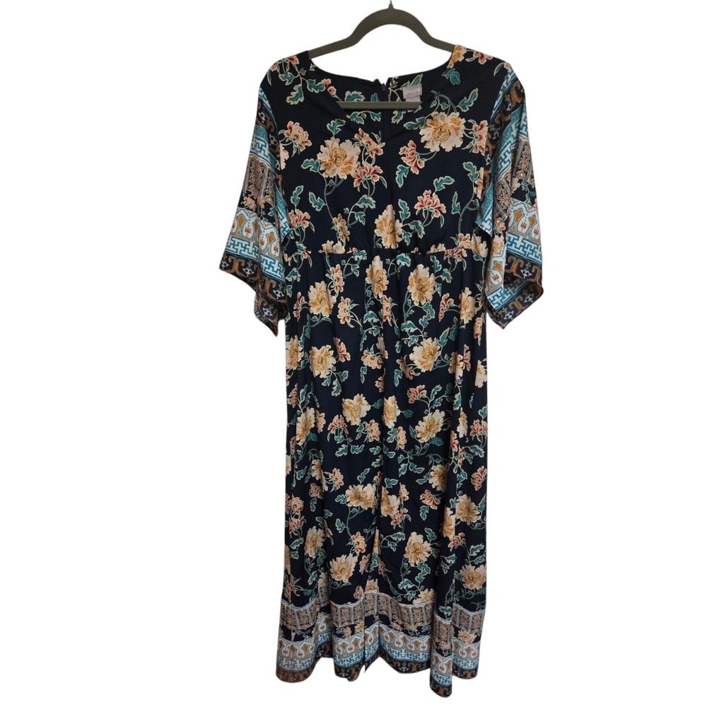 Chico's Floral Maxi Dress Kimono‎ Sleeve Bohemian Style Black Size 0